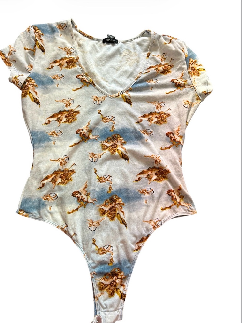 Rue21 Cherub Print V-Neck Bodysuit in Cream & Blue